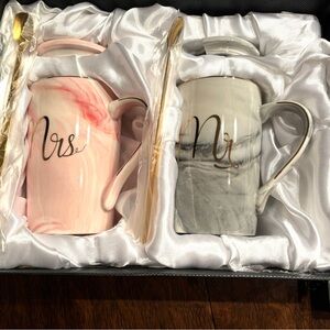 Mr. and Mrs. coffee mugs  with lids and stirring spoon in  gift box